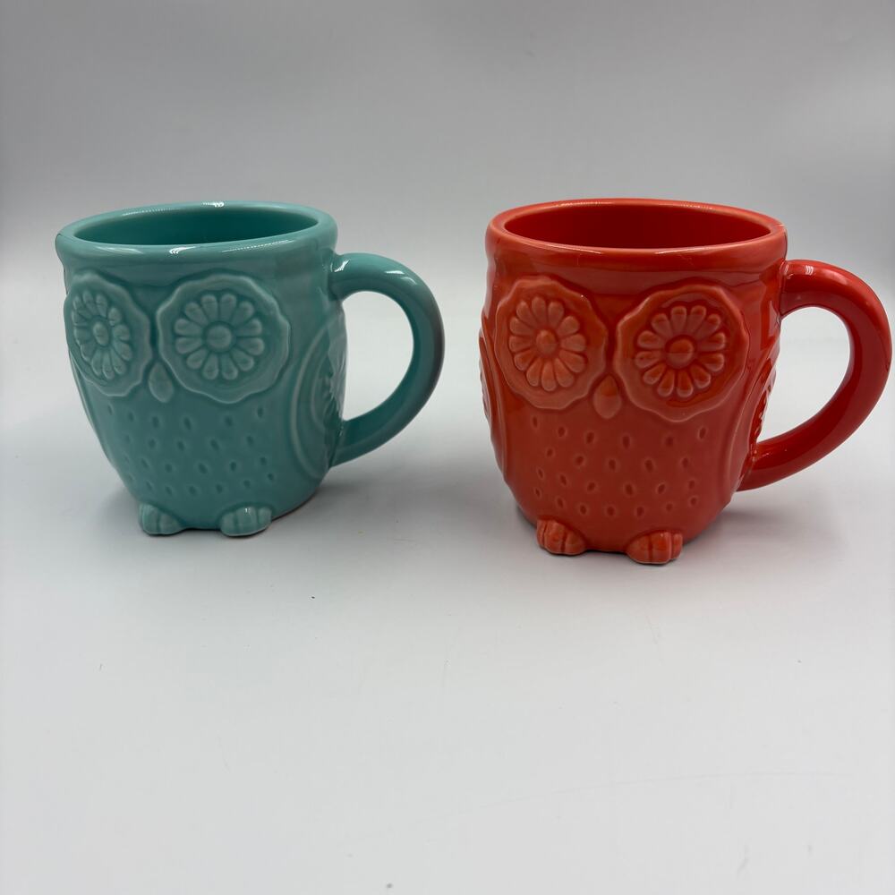 Cracker Barrel Owl Coffee Mugs Set of 2 Teal Coral Orange Ceramic Floral